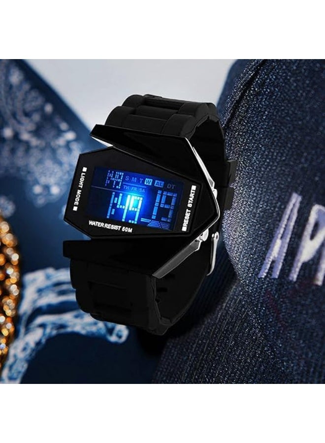 سكمي ساعة يد رياضية أنيقة للجنسين ذات شاشة رقمية أنيقة بنمط طائرة مقاومة للماء بحزام سيليكون رياضي خارجي LED - Image 3