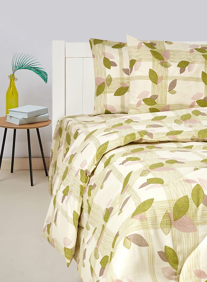 KRUDE 4-Piece Double Comforter Set Spring Leaf Green- 144TC Poly Cotton Printed Design, Set Includes: 1pc Comforter 220 x 240cm , 1pc Bed Sheet 220 x 240cm ,and 2pc Pillowcase 50x75cm  - Image 1