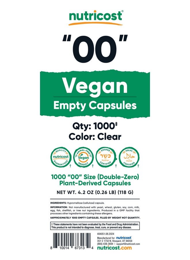 Nutricost Empty Capsules Size 00 Vegan - 1,000 Clear Empty Plant-Based Capsules - Kosher Certified, Halal Certified, Non-GMO, Soy Free, Gluten Free, Vegetarian - Image 4