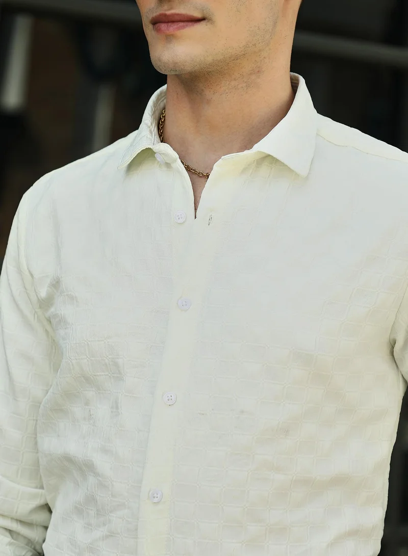 Campus Sutra Men's Cream White Cubic-Tactile Shirt