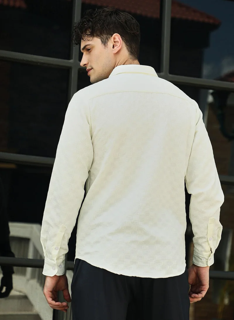 Campus Sutra Men's Cream White Cubic-Tactile Shirt