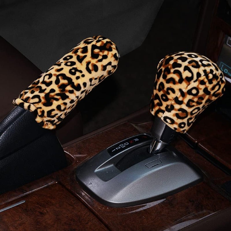 cheekyglo 2pcs Hndrke Cover + Shift Kno Cover, Leoprd Print Design Hndrke Cover Non-Slip and Swet-sorent Shift Kno Cover for SUV Off-Rod Vehicle Commercil Vehicle Gold-Gold - Image 4