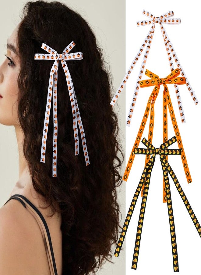 Cuizhiyu 6 PCS Bow Hair Clip Halloween Hair Clips for Girls Pumpkin Spider Candy Cute Long Tail Thin Hair Bow Clip Halloween Hair Accessories - Image 2