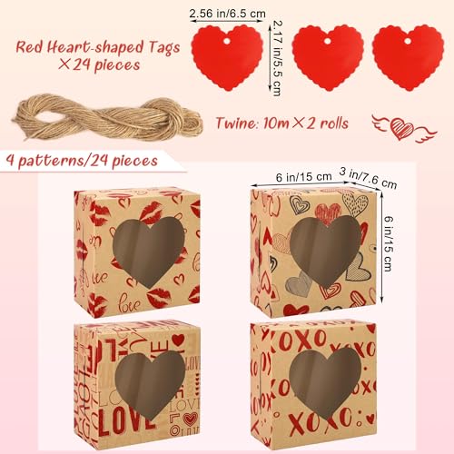 MIMIND 24 Packs Cookie Box Kraft Bakery Treat Boxes 6 x 6 x 3 Inches Candy Boxes with Heart Window Kraft Paper Cupcake Boxes with Heart Cards for Cookies, Cupcakes - Image 2