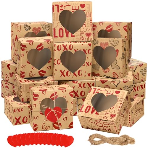 MIMIND 24 Packs Cookie Box Kraft Bakery Treat Boxes 6 x 6 x 3 Inches Candy Boxes with Heart Window Kraft Paper Cupcake Boxes with Heart Cards for Cookies, Cupcakes - Image 1