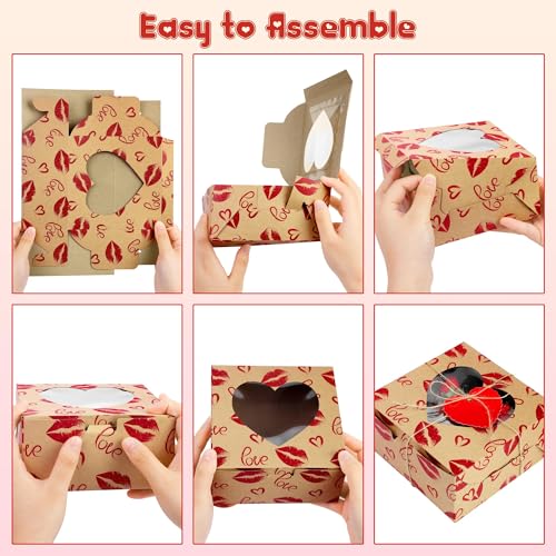 MIMIND 24 Packs Cookie Box Kraft Bakery Treat Boxes 6 x 6 x 3 Inches Candy Boxes with Heart Window Kraft Paper Cupcake Boxes with Heart Cards for Cookies, Cupcakes - Image 5