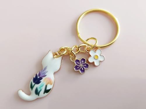 Agromusk Cute Cat KeychainEnamel Flower Keyring Japanese Decor for Garden Cat Lovers Kawaii Feline Floral Small Back Cat Mini Tiny Backpack Bag Key Chain Charm with Daisy Sakura Flowers for WomenPurple - Image 3