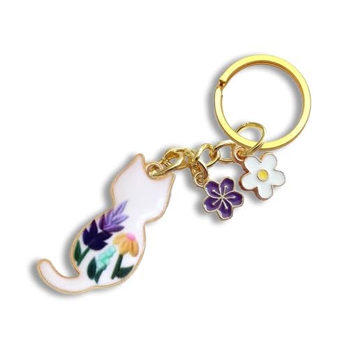 Agromusk Cute Cat KeychainEnamel Flower Keyring Japanese Decor for Garden Cat Lovers Kawaii Feline Floral Small Back Cat Mini Tiny Backpack Bag Key Chain Charm with Daisy Sakura Flowers for WomenPurple - Image 1