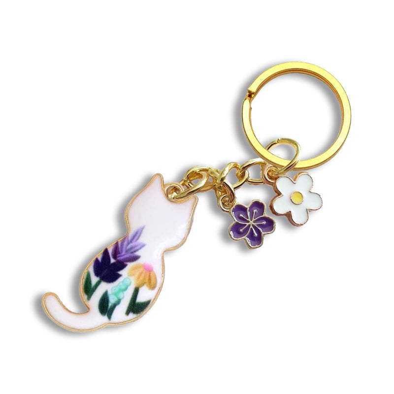 Agromusk Cute Cat KeychainEnamel Flower Keyring Japanese Decor for Garden Cat Lovers Kawaii Feline Floral Small Back Cat Mini Tiny Backpack Bag Key Chain Charm with Daisy Sakura Flowers for WomenPurple - Image 2