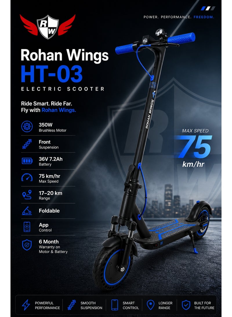 ROHAN WINGS HT-03 Electric Scooter, 350W Brushless Motor, 36V 7.2Ah Battery, Up to 75 KM/H Speed, 17–20 KM Range, 8.5" Solid Tyres, LED Headlight, Turn Signals, Bluetooth App Control - Image 2