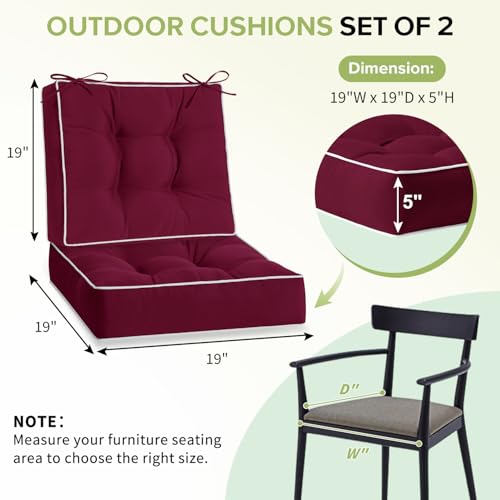 HARBOREST Outdoor Chair Cushions Set of 2 Tufted Patio Chair Cushions with Ties Square Corner Outdoor Cushions for Patio Furniture Lawn Chairs Wicker Chairs 19 x 19 x 5 Burgundy - Image 3