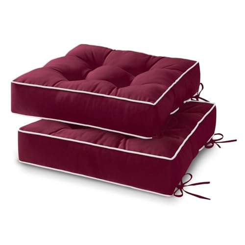 HARBOREST Outdoor Chair Cushions Set of 2 Tufted Patio Chair Cushions with Ties Square Corner Outdoor Cushions for Patio Furniture Lawn Chairs Wicker Chairs 19 x 19 x 5 Burgundy - Image 1