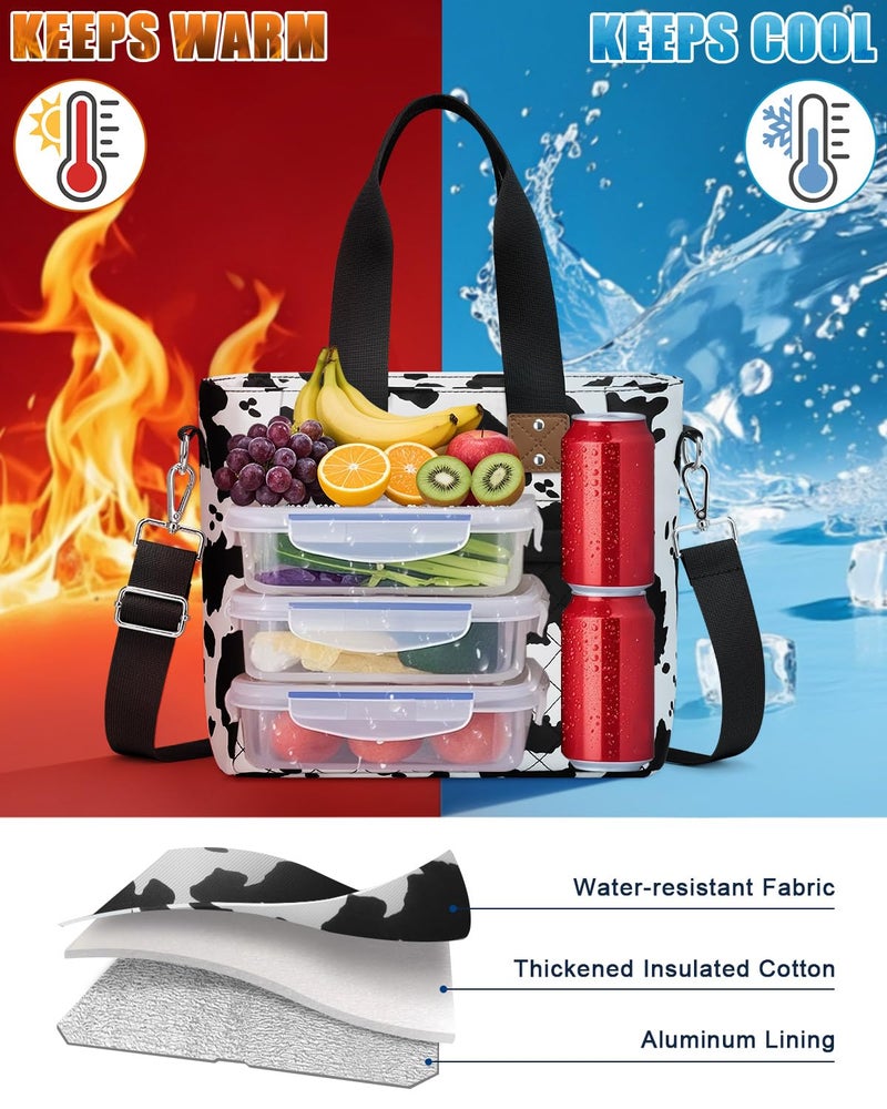 Capolo Insulated Lunch Box for School - Large Thermal Lunch Bag Women with Removable Shoulder Strap, Reusable Lunch Cooler Tote Bags Purse for Adults Work, Picnic, Hiking, Beach, Travel, LargeCowprint - Image 3