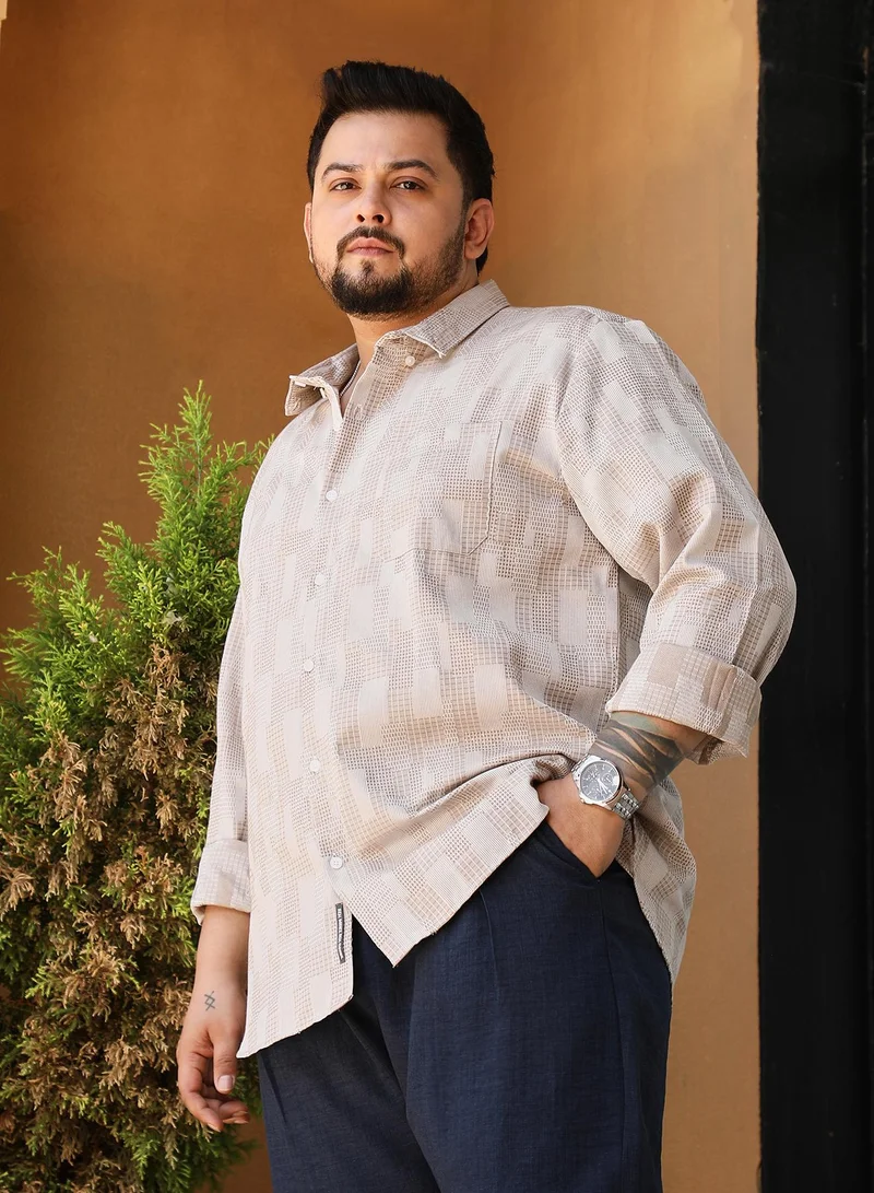 Instafab Plus Instafab Plus Men's Ecru Beige Axisline Utility-Relaxed Shirt For Casual Wear | Spread Collar | Long Cuffed Sleeves | Button Closure | Plus Size Shirt Crafted With Comfort Fit For Everyday Wear