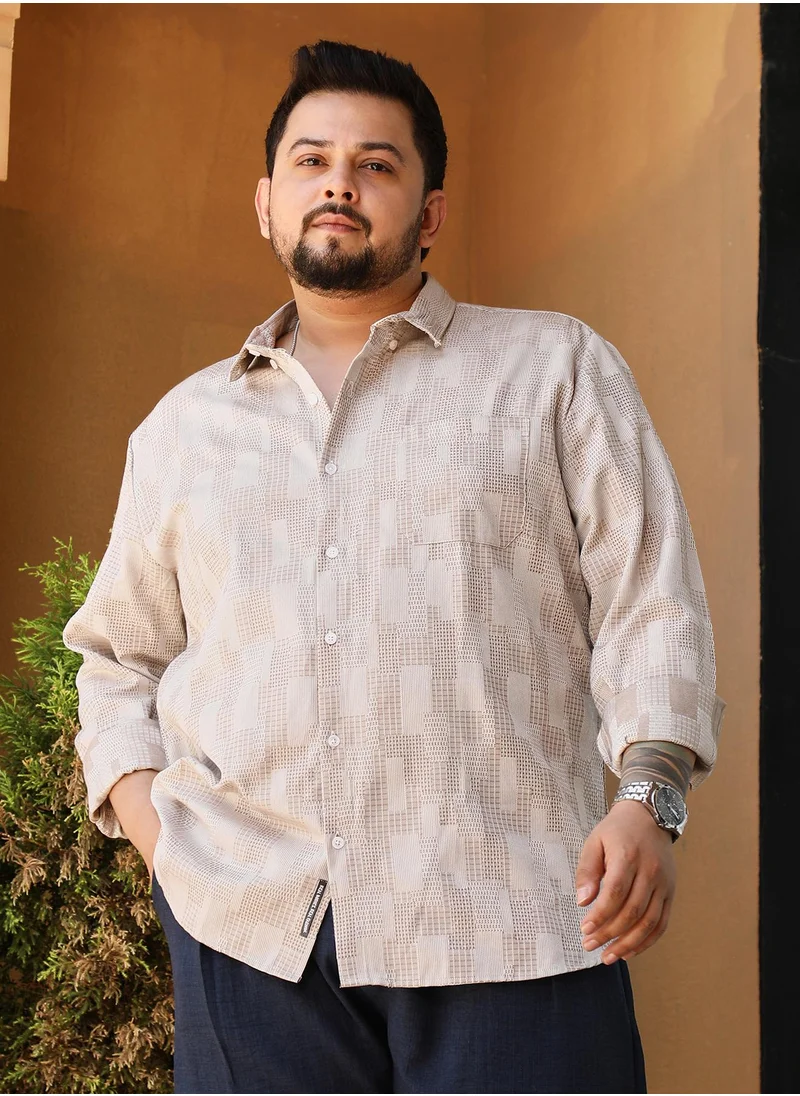 Instafab Plus Instafab Plus Men's Ecru Beige Axisline Utility-Relaxed Shirt For Casual Wear | Spread Collar | Long Cuffed Sleeves | Button Closure | Plus Size Shirt Crafted With Comfort Fit For Everyday Wear