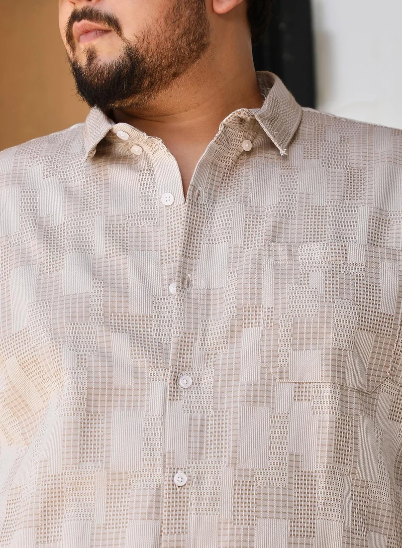 Instafab Plus Instafab Plus Men's Ecru Beige Axisline Utility-Relaxed Shirt For Casual Wear | Spread Collar | Long Cuffed Sleeves | Button Closure | Plus Size Shirt Crafted With Comfort Fit For Everyday Wear