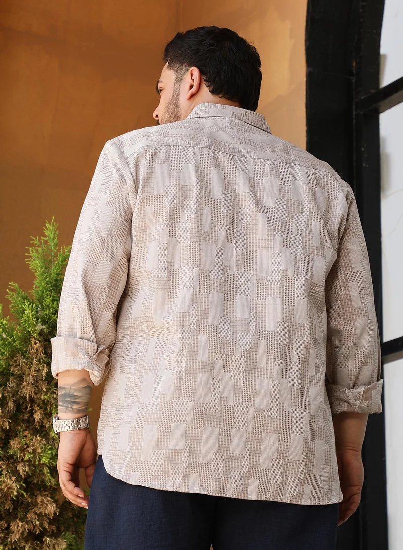 Instafab Plus Instafab Plus Men's Ecru Beige Axisline Utility-Relaxed Shirt For Casual Wear | Spread Collar | Long Cuffed Sleeves | Button Closure | Plus Size Shirt Crafted With Comfort Fit For Everyday Wear