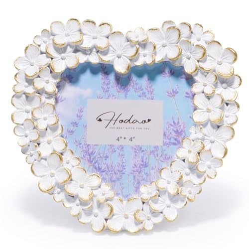 Hodao 4x4 Inch 3D Floral Heart Shaped Frame HandCrafted Resin Picture Frame with White Gold Accents for Wedding Valentines Day Romantic Home Decor White GoldHeart - Image 1