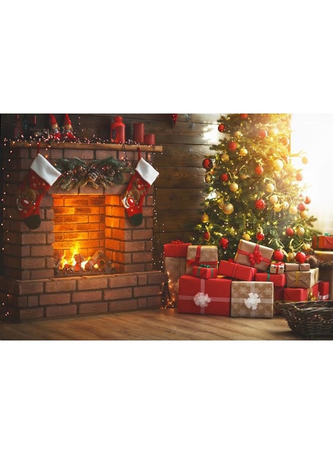 AOFOTO 8x6ft Christmas Living Room Interior Decoration Backdrop New Year Tree Fireplace Xmas Gift Box Photography Background Holiday Festival Party Decor Photo Studio Props Vinyl Portrait Wallpaper - Image 1