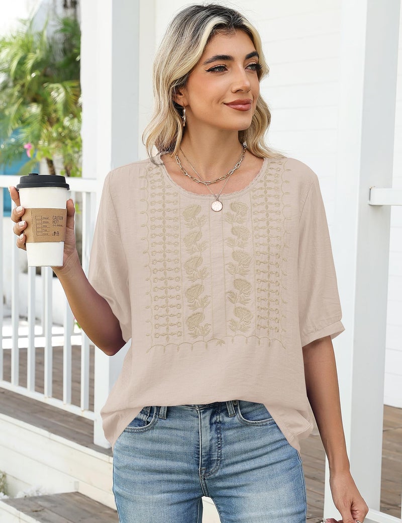 Kistore Women's Spring Shirts and Blouses Embroidered Lace Trim Crew Neck Short Sleeve Casual Tops Tunic Apricot M - Image 5