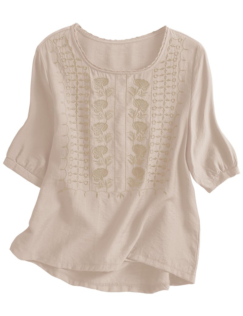 Kistore Women's Spring Shirts and Blouses Embroidered Lace Trim Crew Neck Short Sleeve Casual Tops Tunic Apricot M - Image 1