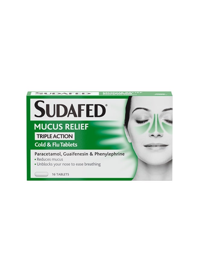 Sudafed Mucus Relief Triple Action Cold & Flu Tablets (Pack of 16), Helps Fight Cold and Flu and Unblocks the Nose, Reduces Mucus, Works in 15 Minutes - Image 1