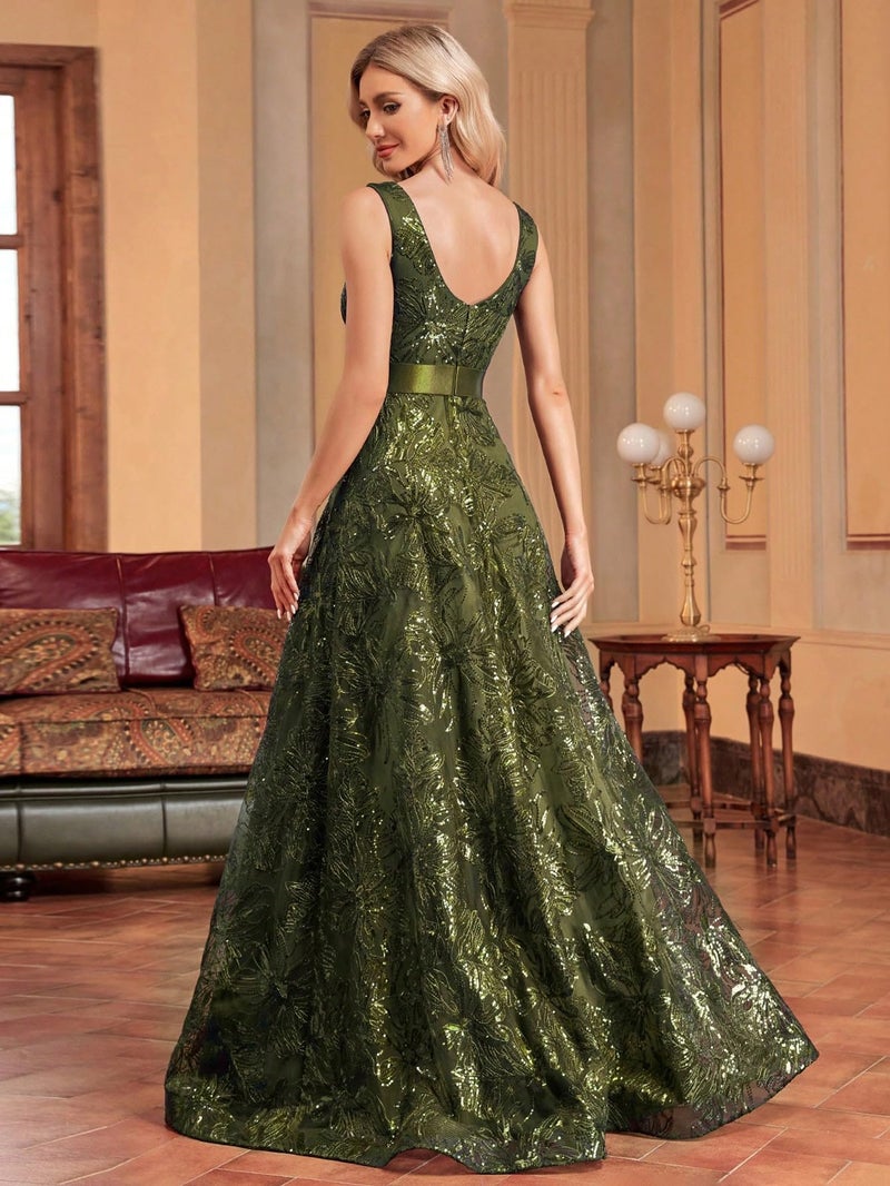 XUIBOL Sleeveless Glitter Sequined Womens Long Formal Gown Aline Prom Dress for Anchorwoman Floor Length Evening Dress Olive Green S - Image 2
