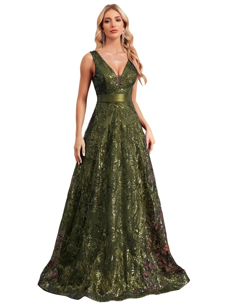 XUIBOL Sleeveless Glitter Sequined Womens Long Formal Gown Aline Prom Dress for Anchorwoman Floor Length Evening Dress Olive Green S - Image 1