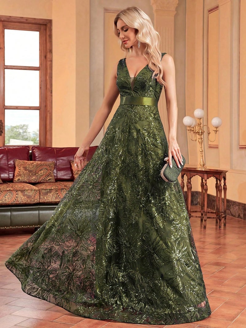 XUIBOL Sleeveless Glitter Sequined Womens Long Formal Gown Aline Prom Dress for Anchorwoman Floor Length Evening Dress Olive Green S - Image 3