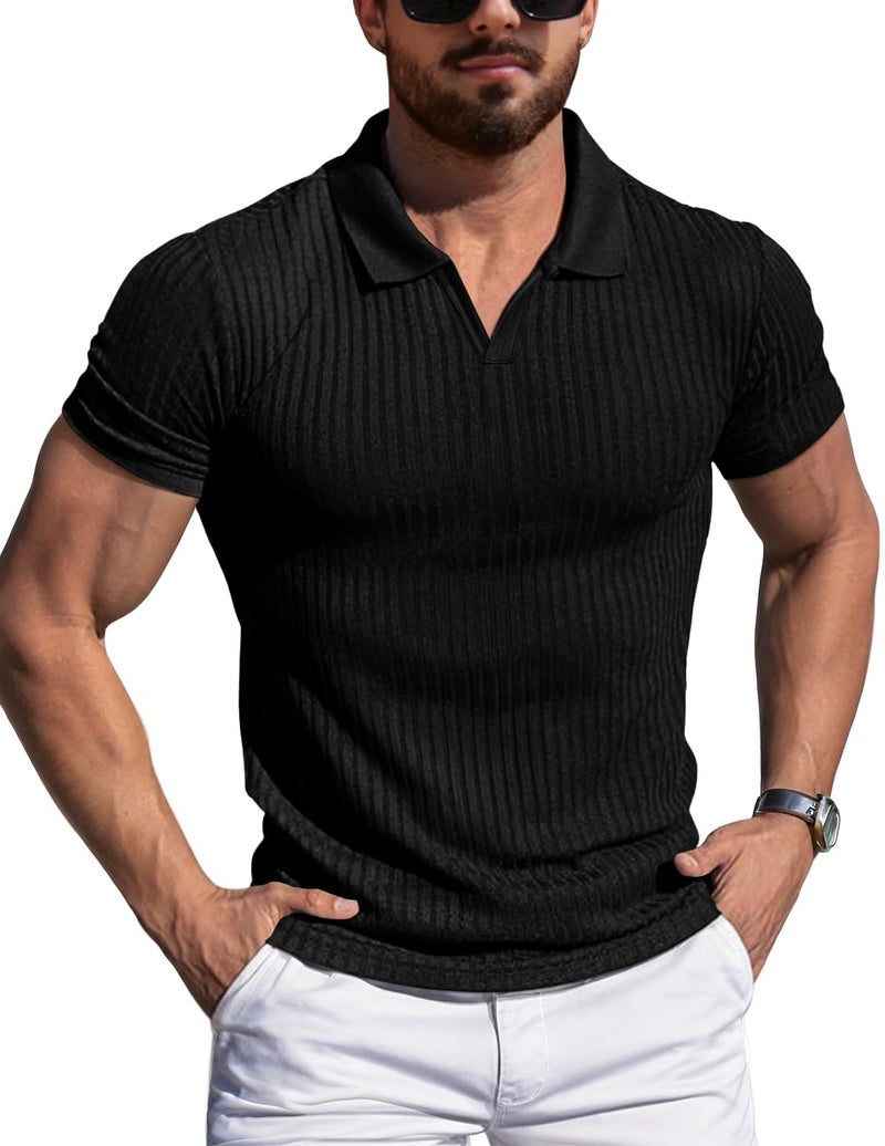 YTD Men's Muscle V Neck Polo Shirts Slim Fit Solid Short Sleeve Golf T-Shirts Ribbed Knit Soft Tees M Black - Image 1