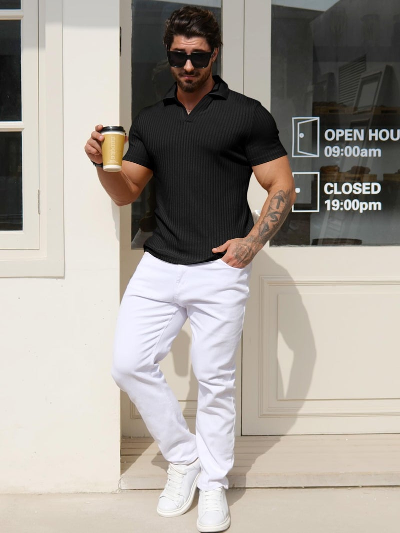 YTD Men's Muscle V Neck Polo Shirts Slim Fit Solid Short Sleeve Golf T-Shirts Ribbed Knit Soft Tees M Black - Image 2