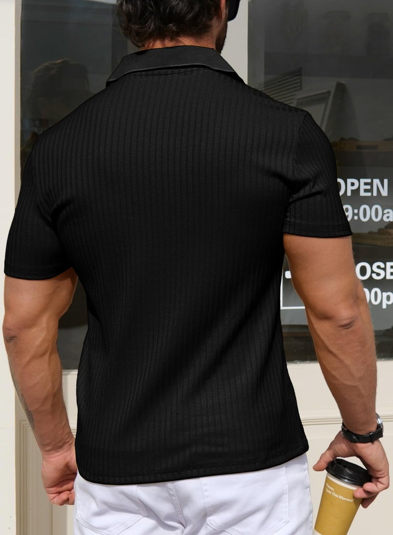 YTD Men's Muscle V Neck Polo Shirts Slim Fit Solid Short Sleeve Golf T-Shirts Ribbed Knit Soft Tees M Black - Image 5