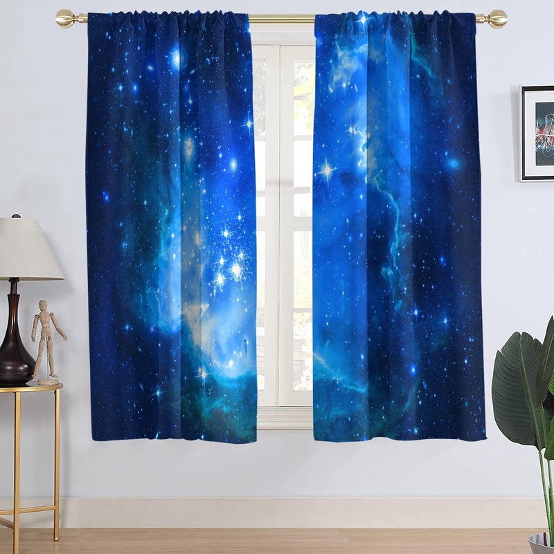 AAtter Blue Galaxy Window Curtain Space Boys Kids Celestial Universe Teen Trippy Fantasy Cloud Star Sky Black Girl Planet Living Room Bedroom Window Drapes Treatment Fabric 1 Pair 42 W x 63 L Cute