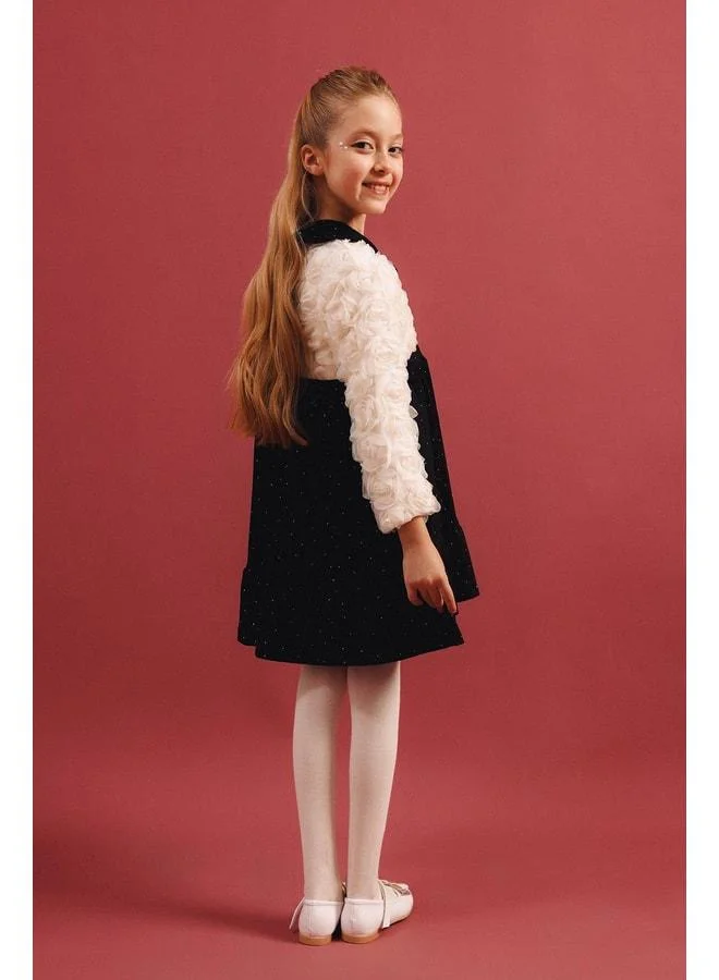 Perendi Girl's Collared Rose-Patterned Cotton-Lined Special Occasion Dress.