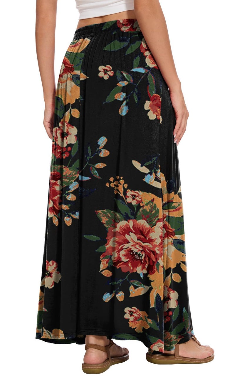 Leafsay Womens Maxi A-line Long Summer Skirt Elastic High Waist Flowy Skirt with Pockets(Brown Floral Black,L) - Image 3