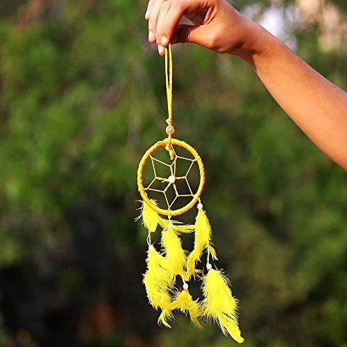 SoilMade Yellow Car Dream Catcher, Round Shape, Feather and Metal Made, Size Aprox 5inches and 25g, Pack of 1 Car Dream Catcher in Box - Image 2