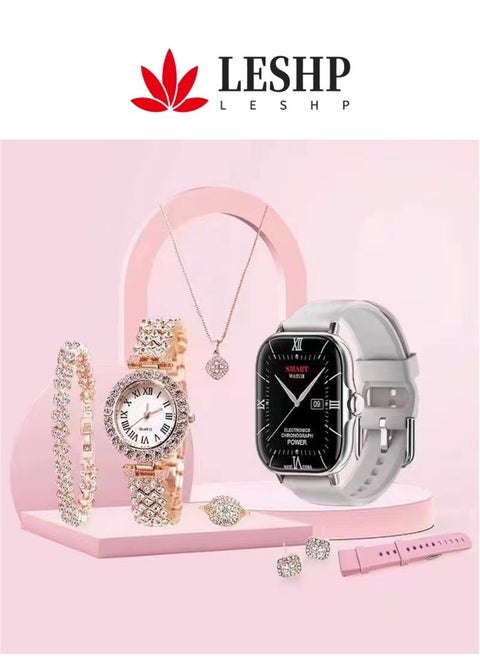 7 in 1 Ultra Watch Series 9 Smart Watch for Women and Golden Mechanical Watch with Silicon Band and 1 Golden Bracelet and 1 Pendant and 1 pair of Stud Earrings and ring