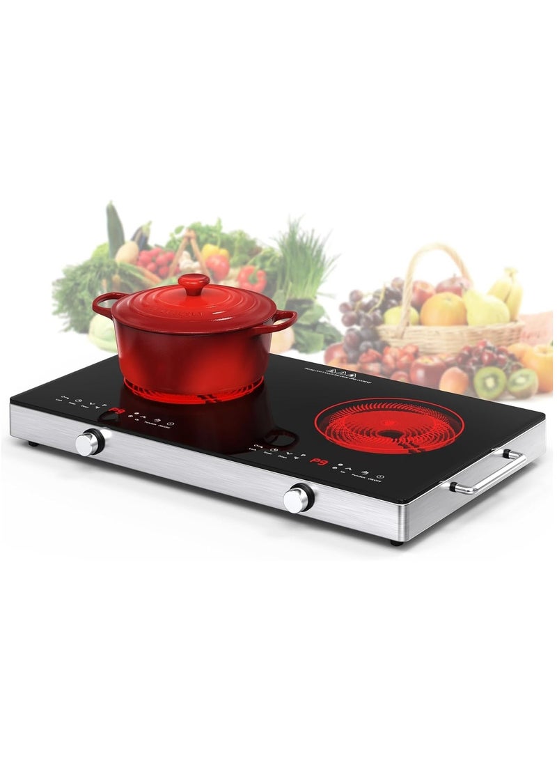 موقد مزدوج بالأشعة تحت الحمراء، موقد كهربائي مزدوج، يسخن في ثوانٍ للسكن الجامعي، متوافق مع جميع أدوات الطهي باللون الأسود - Image 1
