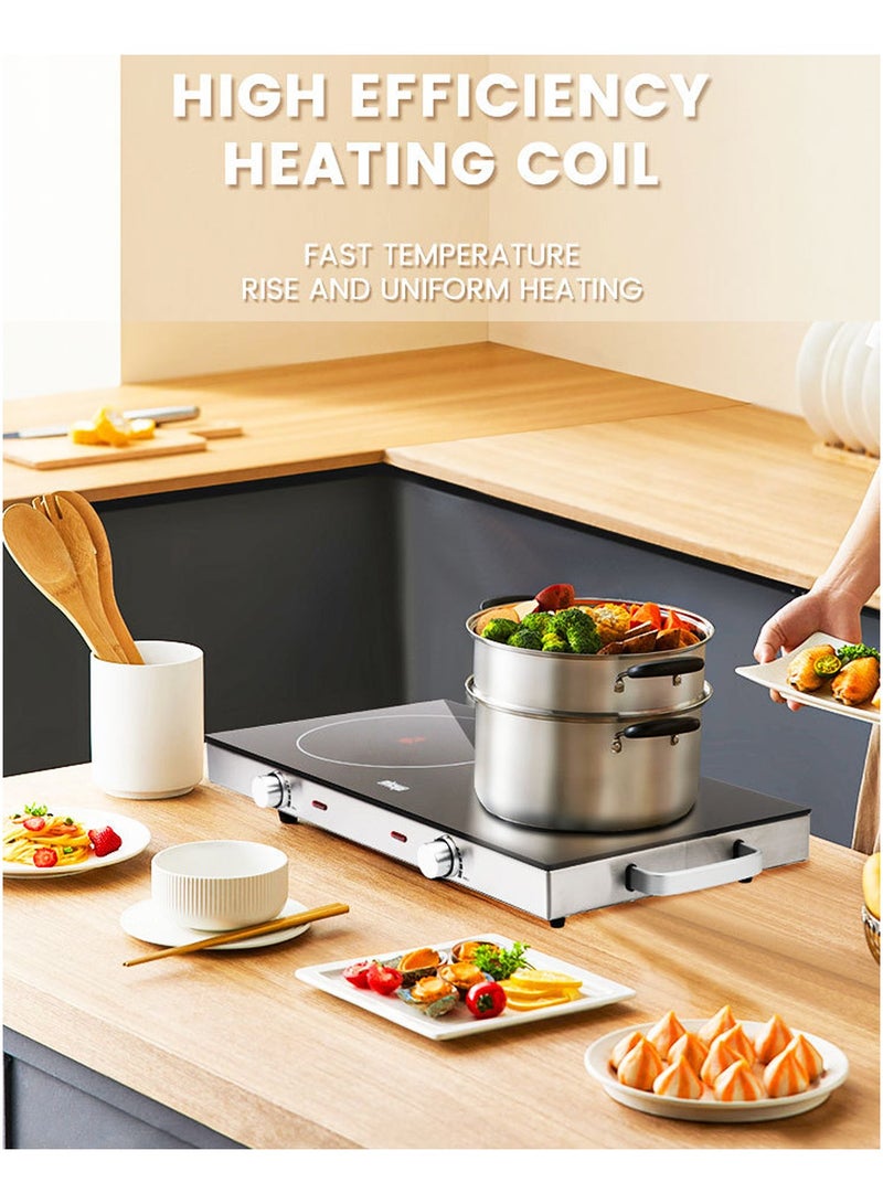 موقد مزدوج بالأشعة تحت الحمراء، موقد كهربائي مزدوج، يسخن في ثوانٍ للسكن الجامعي، متوافق مع جميع أدوات الطهي باللون الأسود - Image 2