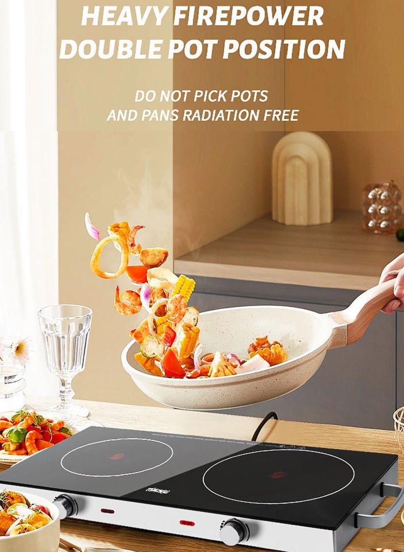 موقد مزدوج بالأشعة تحت الحمراء، موقد كهربائي مزدوج، يسخن في ثوانٍ للسكن الجامعي، متوافق مع جميع أدوات الطهي باللون الأسود - Image 4