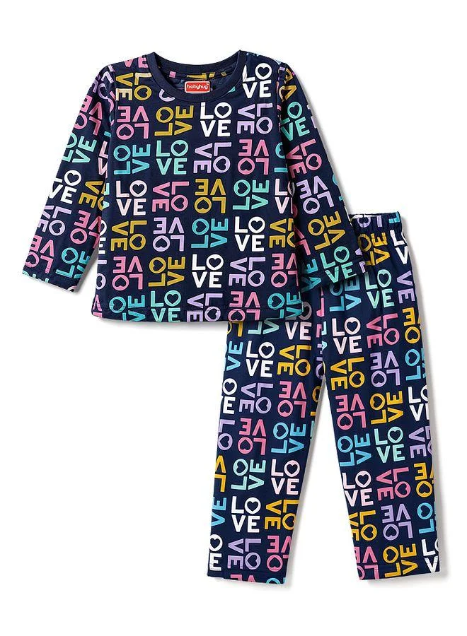 Babyhug Babyhug Cotton Knit Full Sleeves Co-Ords Text Printed T-Shirt & Pants Night Suit - Navy Blue