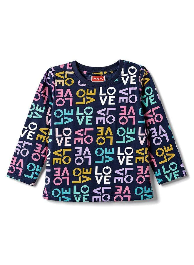 Babyhug Babyhug Cotton Knit Full Sleeves Co-Ords Text Printed T-Shirt & Pants Night Suit - Navy Blue