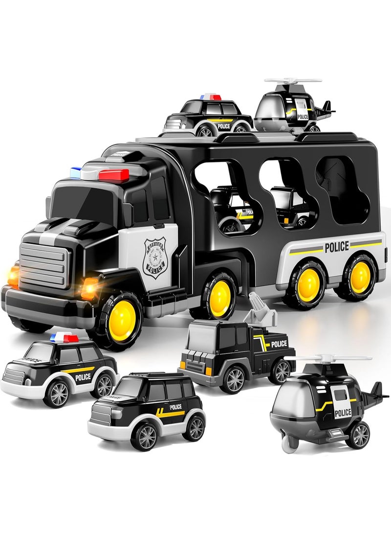 HALAMODO 7Pcs Police Car Toy Set (1 Large Truck + 6 Small Cars) , Police Vehicle Boy Toy , Sturdy Drop-Resistant , Multi-Function Police Vehicle For Role-Play & Storage Habit Training, Children Boys Girls Birthday Gift , Black - Image 1