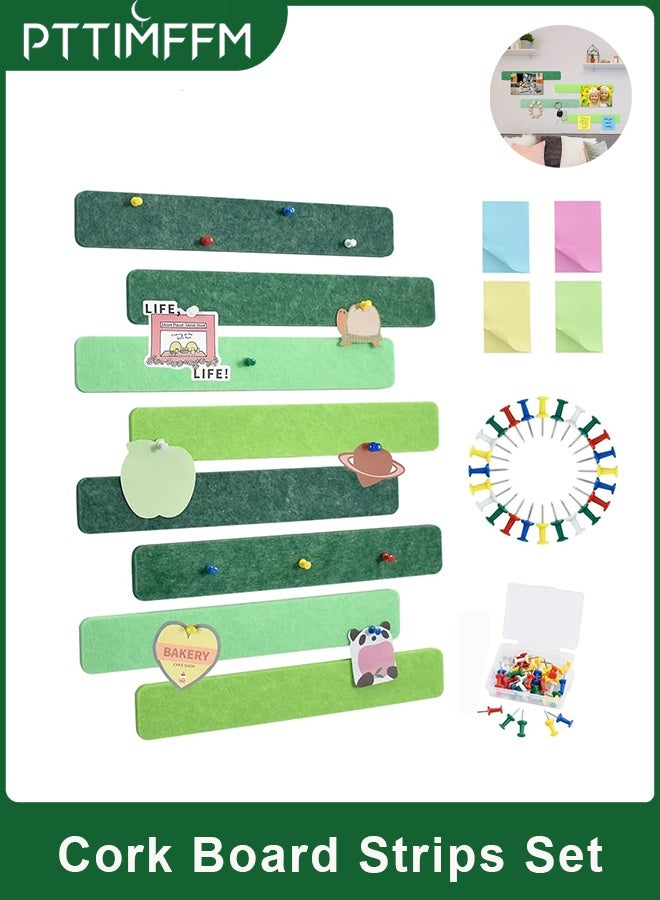 PTTIMFFM 8-Pack Green Self-Adhesive Cork Board Strips with Pushpins & Sticky Notes, Wall Bulletin Board for Office, School, Photos, Notes - Image 1