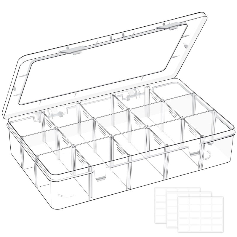 Mauproy 15 Grids Large Plastic Organizer Box with Adjustable Dividers, Clear Craft Organizer and Storage Tackle Box Compartment Container with Label Stickers for Beads, Jewelries, Tools - Image 1