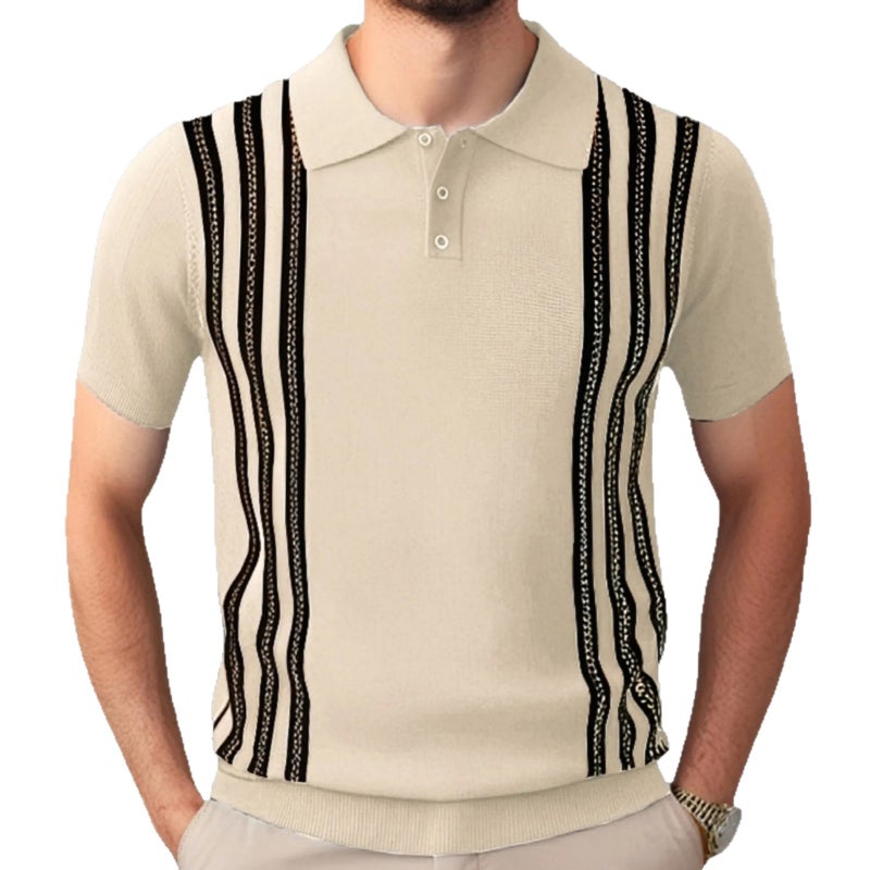 Men's Short Sleeve Polo Shirt Business Casual Striped Knit Top - Image 3