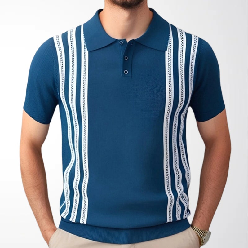 Men's Short Sleeve Polo Shirt Business Casual Striped Knit Top - Image 2