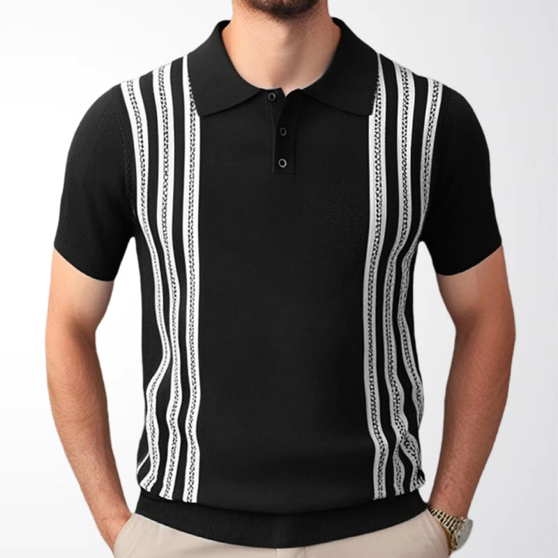 Men's Short Sleeve Polo Shirt Business Casual Striped Knit Top - Image 1