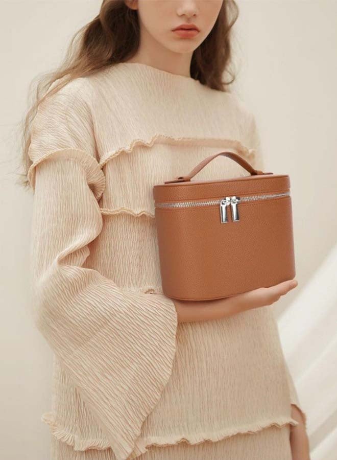 حقيبة مستحضرات تجميل كبيرة السعة من الجلد الصناعي مع شريط مطاطي، صندوق تخزين قابل للإزالة، حقيبة مستحضرات تجميل فاخرة محمولة - بني - Image 3