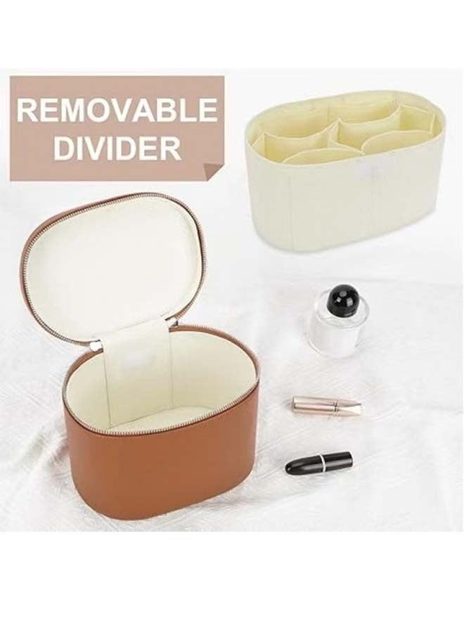 حقيبة مستحضرات تجميل كبيرة السعة من الجلد الصناعي مع شريط مطاطي، صندوق تخزين قابل للإزالة، حقيبة مستحضرات تجميل فاخرة محمولة - بني - Image 5